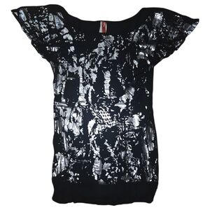 Y2K Topia Black and Silver Metallic Flutter-Sleeve Tunic Size S